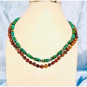 1) Green Turquoise Beaded w/ Silver Tone Spacers 2) Brown Rolled Bead Necklace